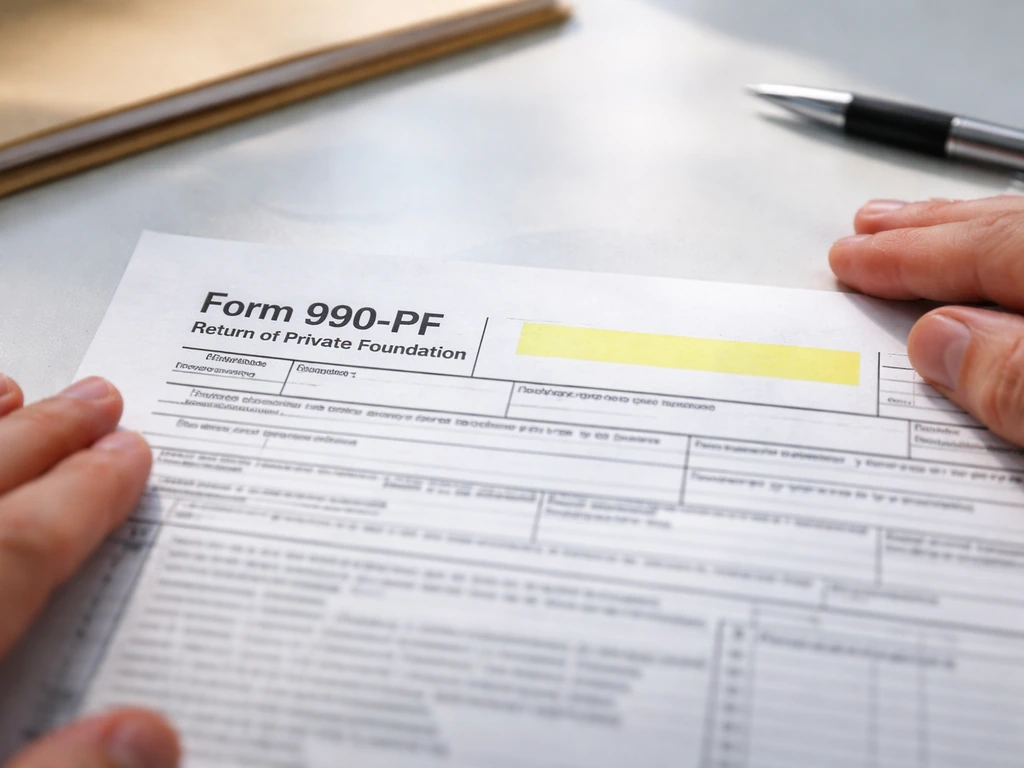 Close-up of a Form 990-PF on a desk with a yellow highlight over the filing date area.