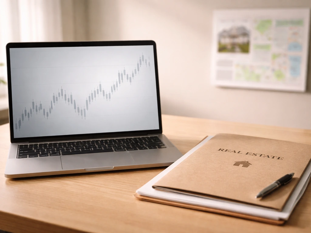 Desk with a laptop showing abstract chart shapes and a real-estate folder in soft daylight.